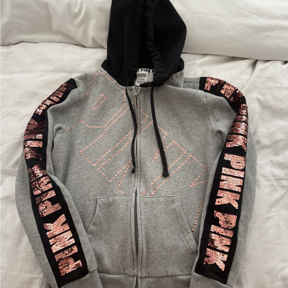PINK Victoria’s Secret Gray and Black Hoodie with Rose Gold Sequin